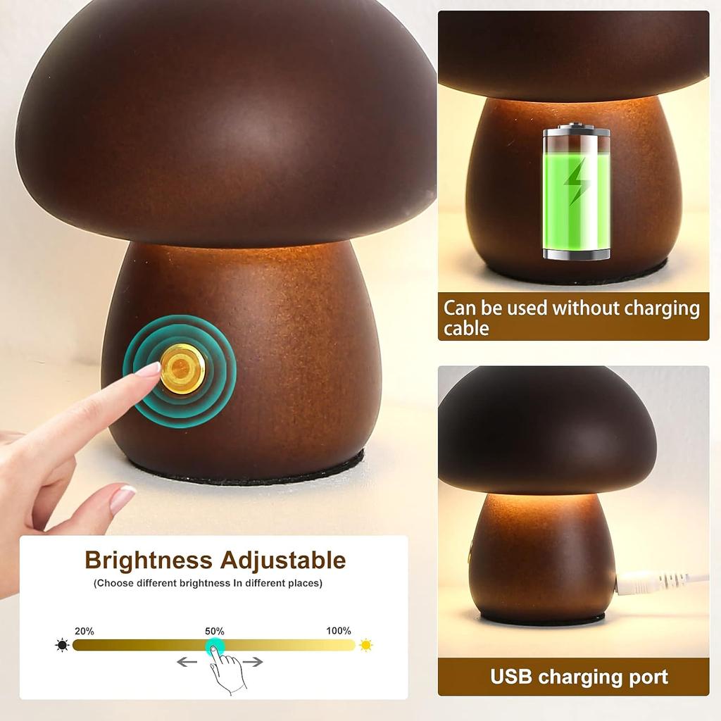 INS Wooden Creative Mushroom Night Light Stepless Dimming Bedside Table Lamp 3 Color Rechargeable Sleeping Nightlights For Room