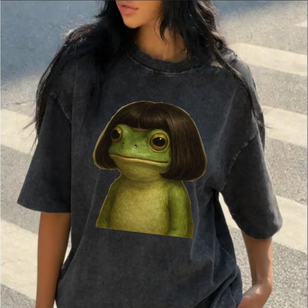 T-shirt Oversize Lavé Noir Vintage Style Grenouille Manches Courtes Col Rond Décontracté pour Femme