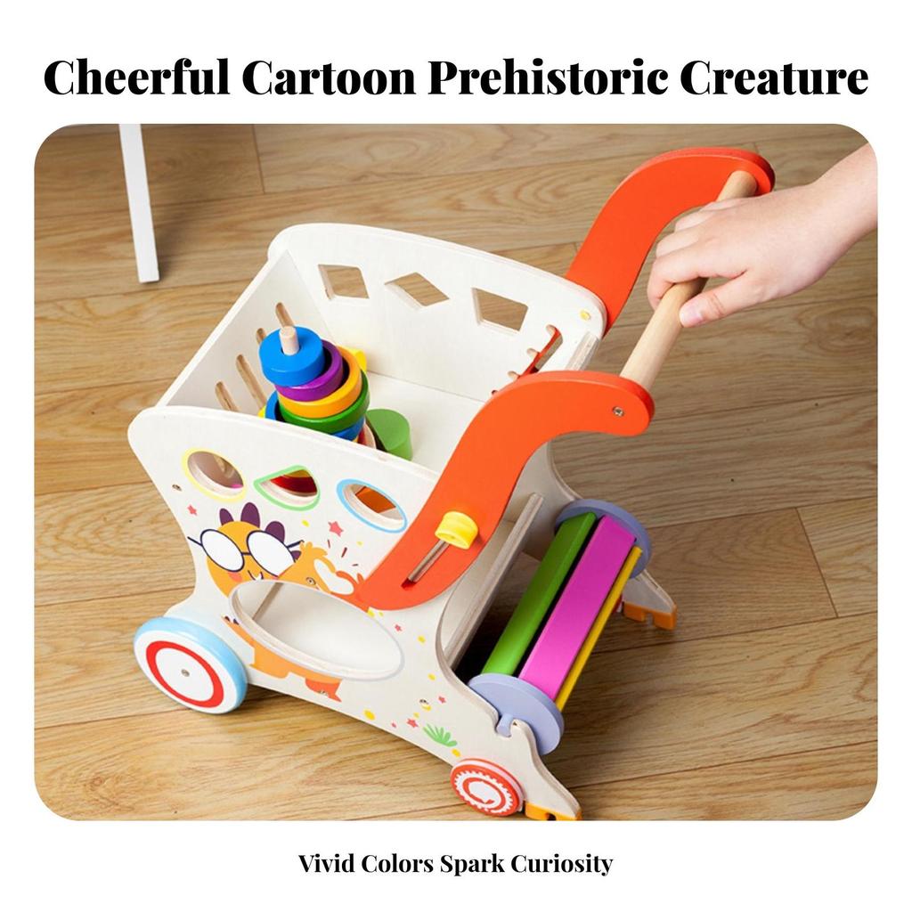 Wooden Infant Pusher Cart Cutout Openings Push Stacking Rings Play for Young
