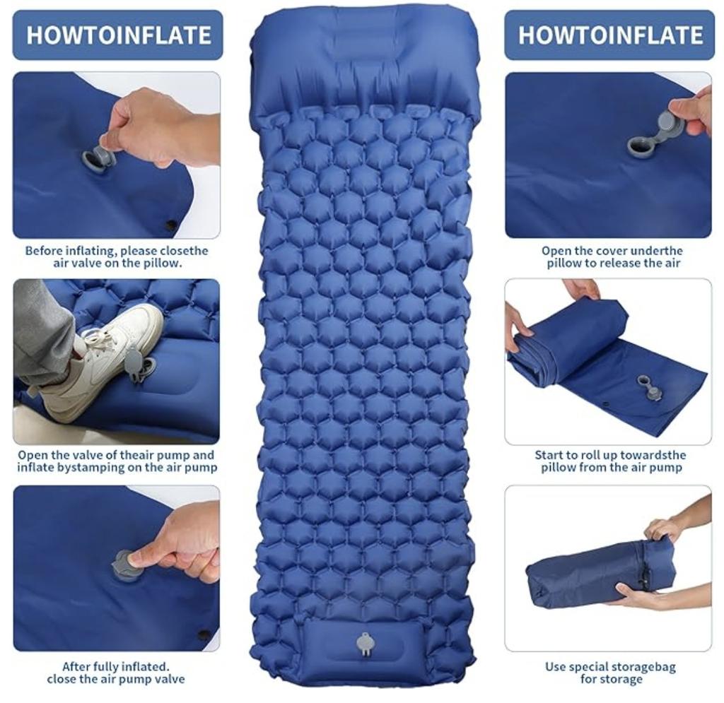 Camping Sleeping Pad / Inflatable Air Mattress Pad with Built-in Pillow & Foot Pump Ultralight Sleeping Air Mattress