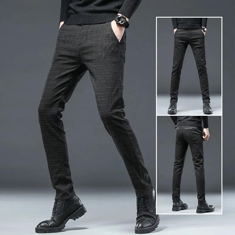 Pánské ležérní bavlněné plátěné kalhoty business kostkované kalhoty rovné tenké dlouhé kalhoty kancelářské kalhoty na jaro a podzim