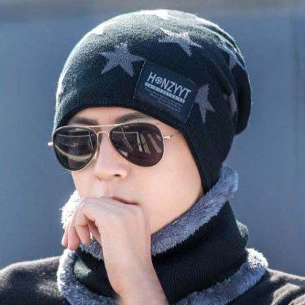 Knitted Winter Hat Scarf Set Star Neck Scarf Hat Ins Men's Beanie Cap Driving