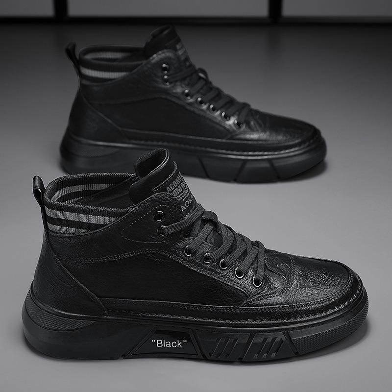 Men's Shoes Spring High-top Casual Board Shoes Versatile Non-slip and Wear-resistant Martin Black Mid-top Leather Boots Comfortable and Versatile