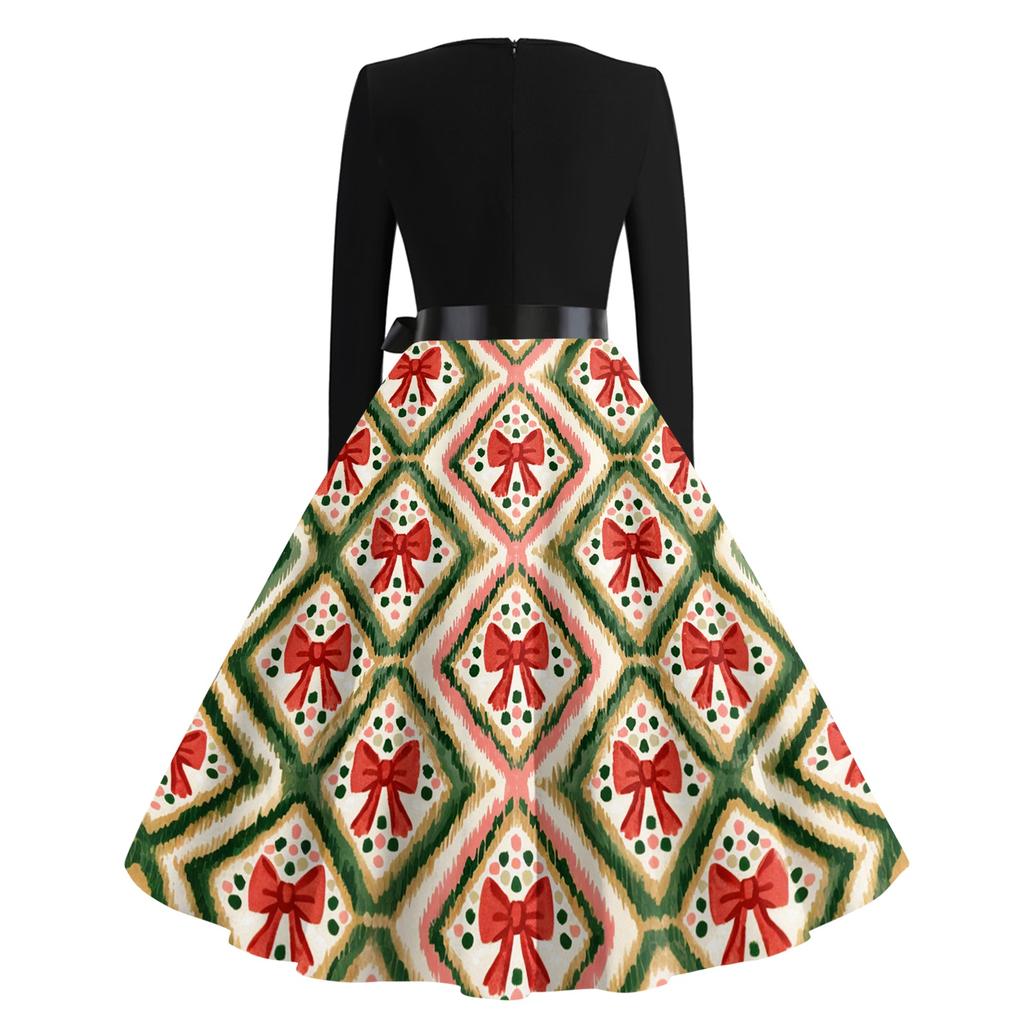 Women's Vintage Christmas Print Long Sleeve Round Neck Party Dress for Holiday Parties