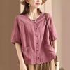 Summer Retro Literary Cardigan Cotton and Linen Shirt Pocket Design Women's Casual Single-breasted Short-sleeved Temperament