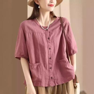 Summer Retro Literary Cardigan Cotton and Linen Shirt Pocket Design Women's Casual Single-breasted Short-sleeved Temperament