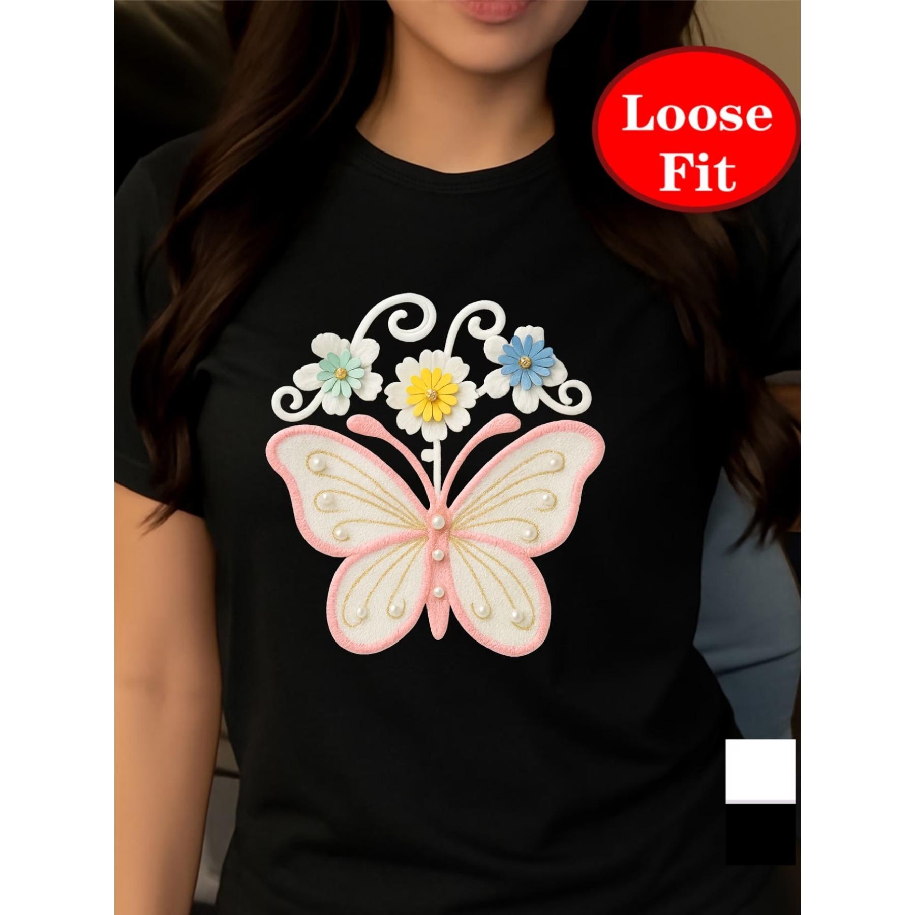 

Butterfly And Floral Print, Round Neck Short Sleeve T-Shirt, Casual Top for Spring And Summer S чёрный