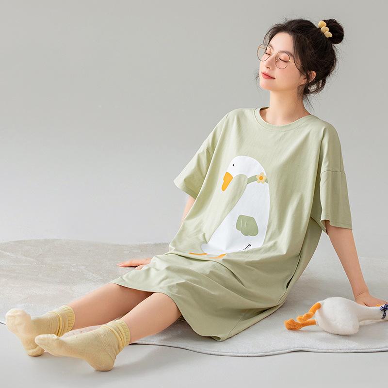 7A Women's Antibacterial Cotton Nightgown, Short Sleeve, Plus Size, Medium Length, Versatile for Outdoor Wear, Sweet Summer Home Dress