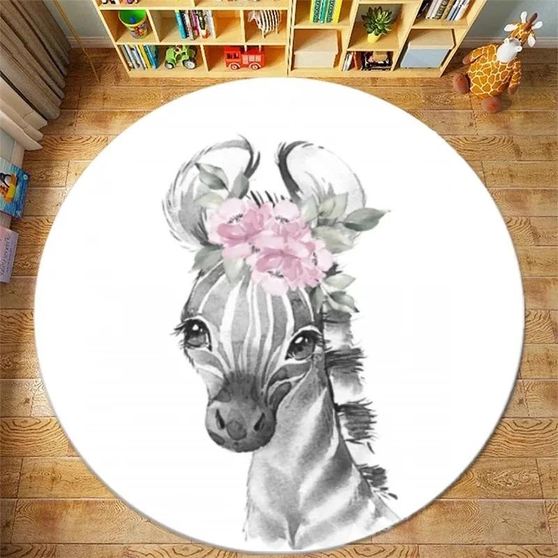 Cute Lion Elephant Giraffe Round Carpet Pattern Floor Mat Bedroom Living Room Chair Floor Rugs Home Bathroom Carpet Decoration