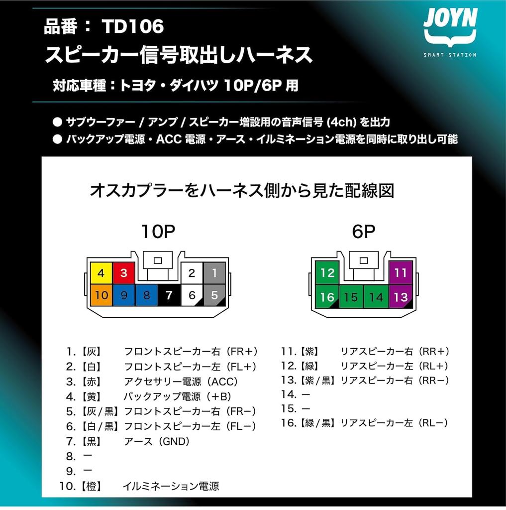 JOYN Speaker Output Harness for Toyota and Daihatsu Power Signal Japanese TD106 Vehicles, 10-Pin/6-Pin Front/Rear Extraction, Manufacturer,