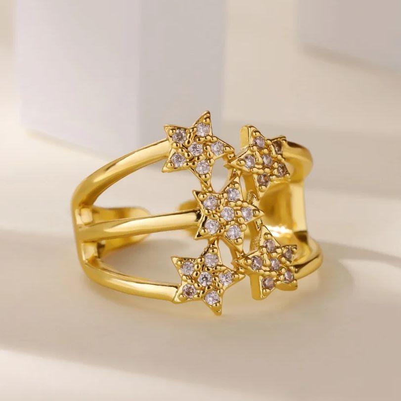Luxury Zircon Stars Rings For Women  Gold Plated Metal Crystal Star Adjustable Ring Wedding Christmas Fashion Jewelry Gift
