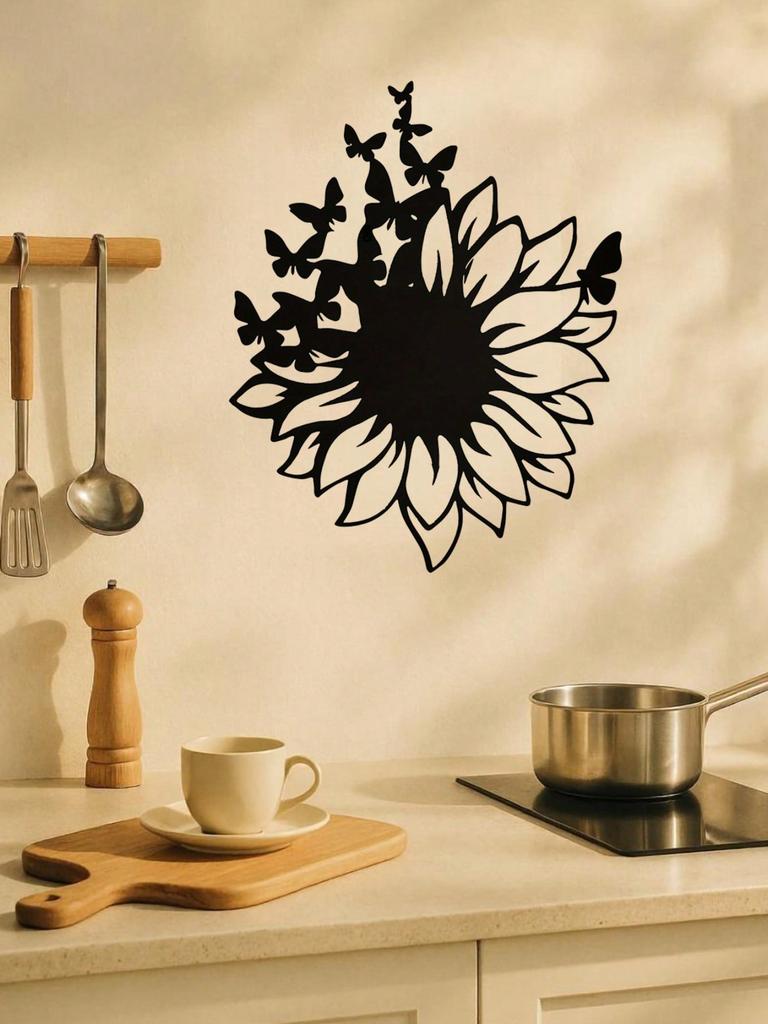 Iron Black Metal Butterfly Wall Art, Sunflower Nature Decor for Living Room & Bedroom