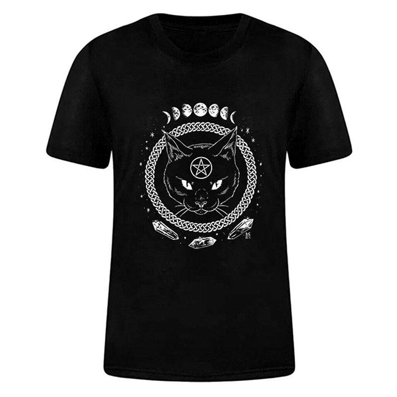Damen Mädchen Lustiges Kurzarm Mond Katze Print Punk Gothic Lässiges Oberteil Bluse