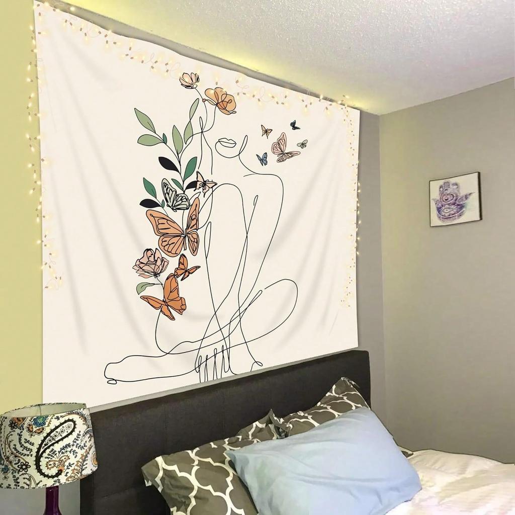 Florale Frau Linienkunst Wandteppich Einseitig 2D-Druck Minimalistisch Elegant Wandteppich Schlafzimmer Wohnzimmer Wanddekoration Ruhige Atmosphäre Geschenk