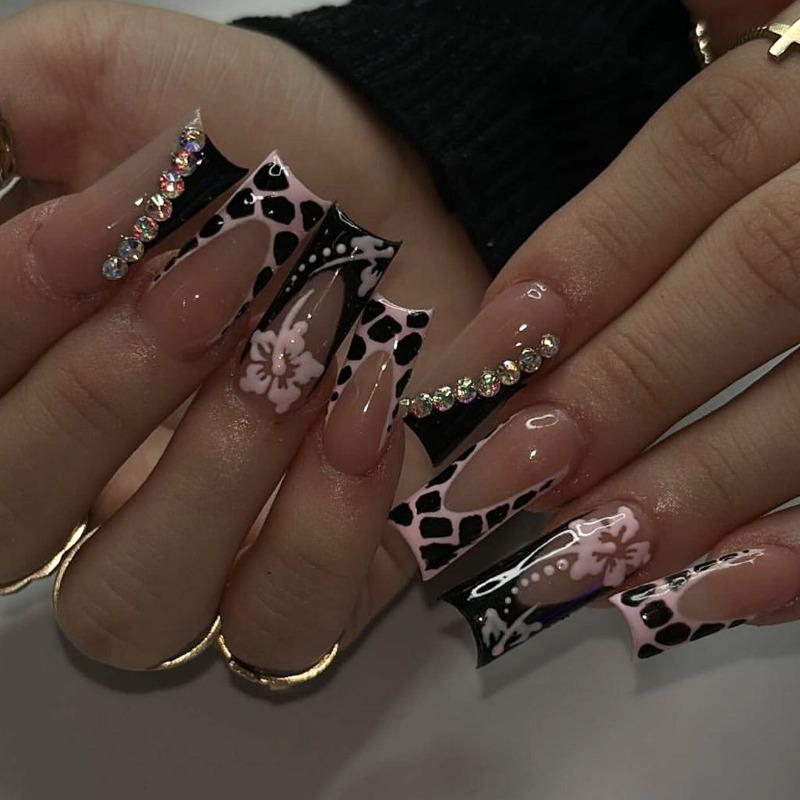 Wear-on nails with European and American long hoses, slanted French leopard print floral diamond-studded removable fake nails, nail patches, nails