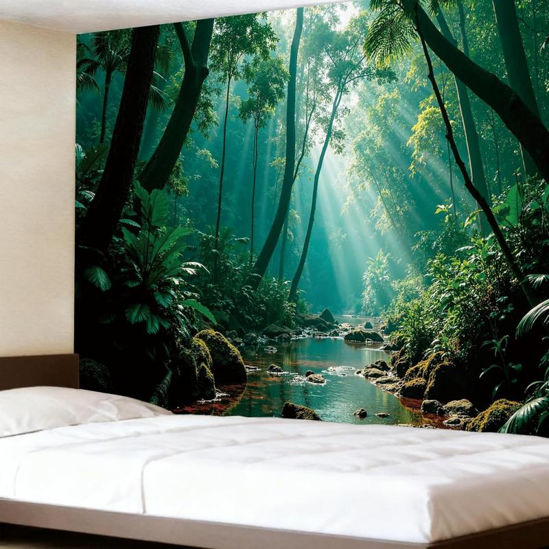 Forest Green Natural Pattern Tapestry Wall Decoration, Misty Forest Sunlight Mural Tapestry Bedroom Aesthetics