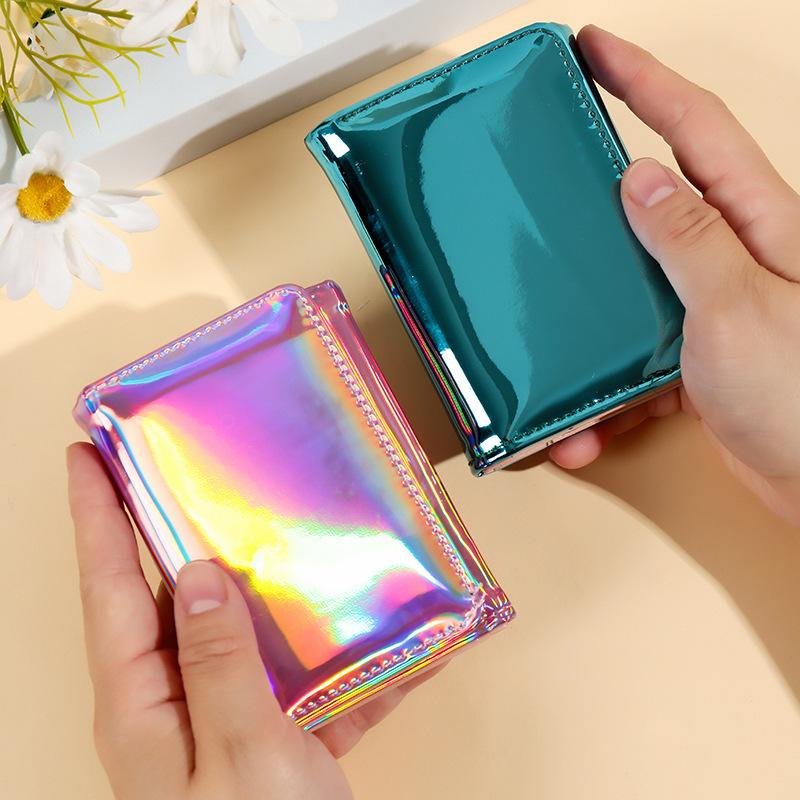 Holographic Fashion Short For Wallet Women Mini Pu Leather Card Holder Foldable Coin Purse Compact Wallet Gift