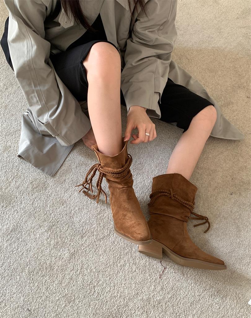 

2025 весенне-осенние коричневые сапоги с бахромой, в стиле ретро-пустоши, иностранные сапоги, плиссированные сапоги-чулки из денима 39 светло-коричневого