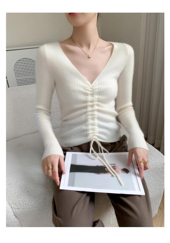 Women's Slim-Fit Cashmere Drawstring Waist V-Neck Sweater - Autumn/Winter 2025 Collection