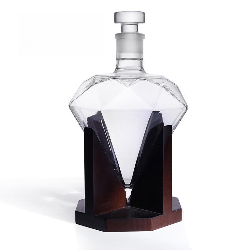 Diamond Shape Glass Decanter with Wooden Stand, Whiskey Liquor Bottle with Glass Stopper for Home Bar Decor