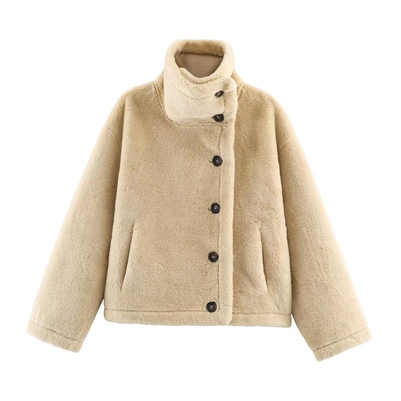 Women Reversible Stand Collar Long Sleeve Short Jacket Winter Casual Loose Versatile