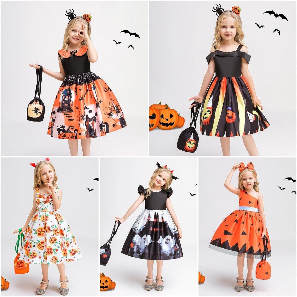 Silky And High Quality Halloween Costume Dress With Pumpkin Bag For Children