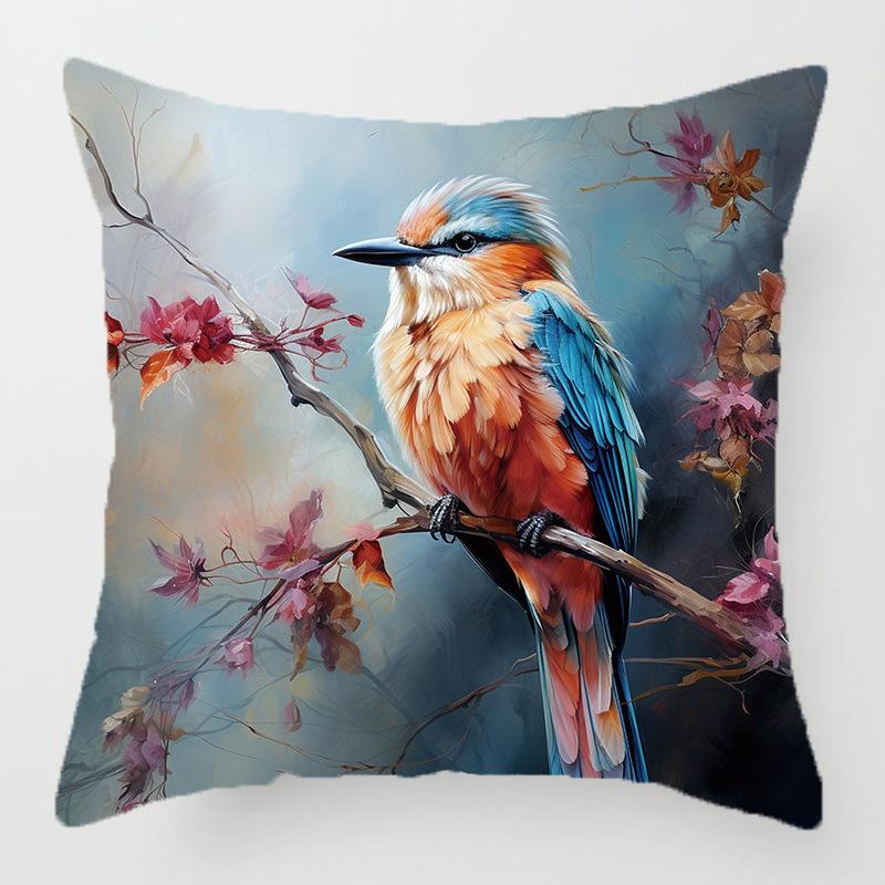 Colorful Bird and Flower Pattern Series Throw Pillow Cover with Short Plush Print for Living Room Sofa Decoration Cushion Cover