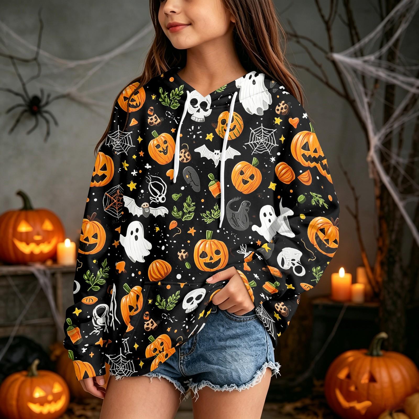 Kids Casual Halloween Print Pullover Hoodie Sweatshirt for Everyday Wear 90 тёмно-синий