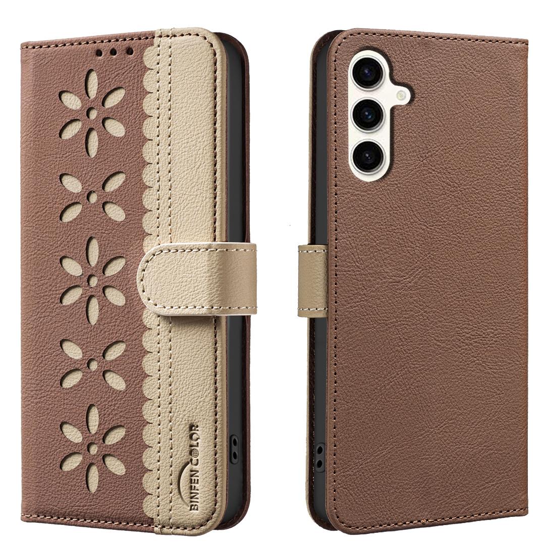 

For Samsung Galaxy S25 FE Leather Case BINFEN COLOR BF36 Floral Pattern Phone Cover RFID Blocking Wallet Stand Brown