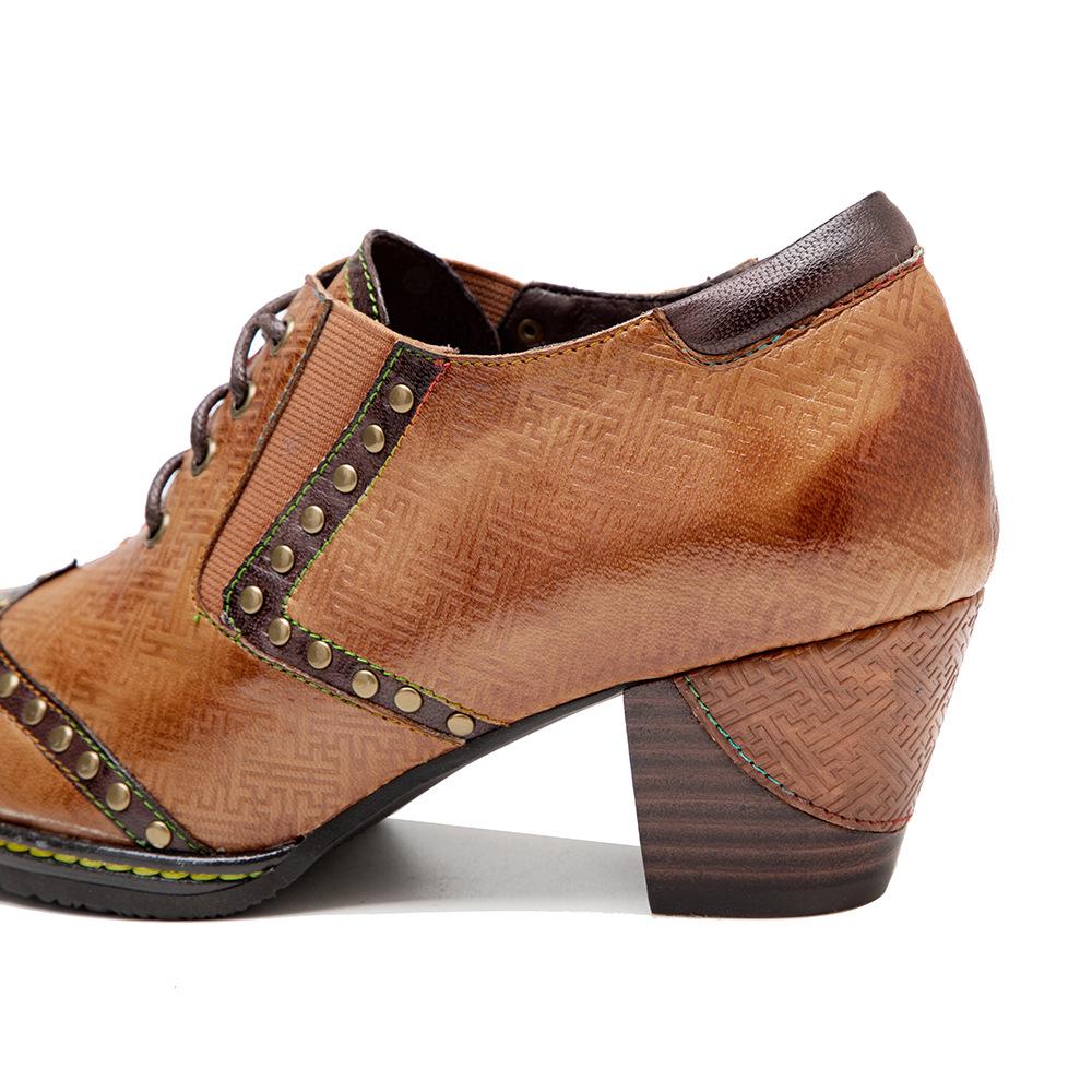 Johnature Echtes Leder Damen Pumps Handbemalt Vintage Karree Niete Schnürung Dicker Absatz High Heels Schuhe