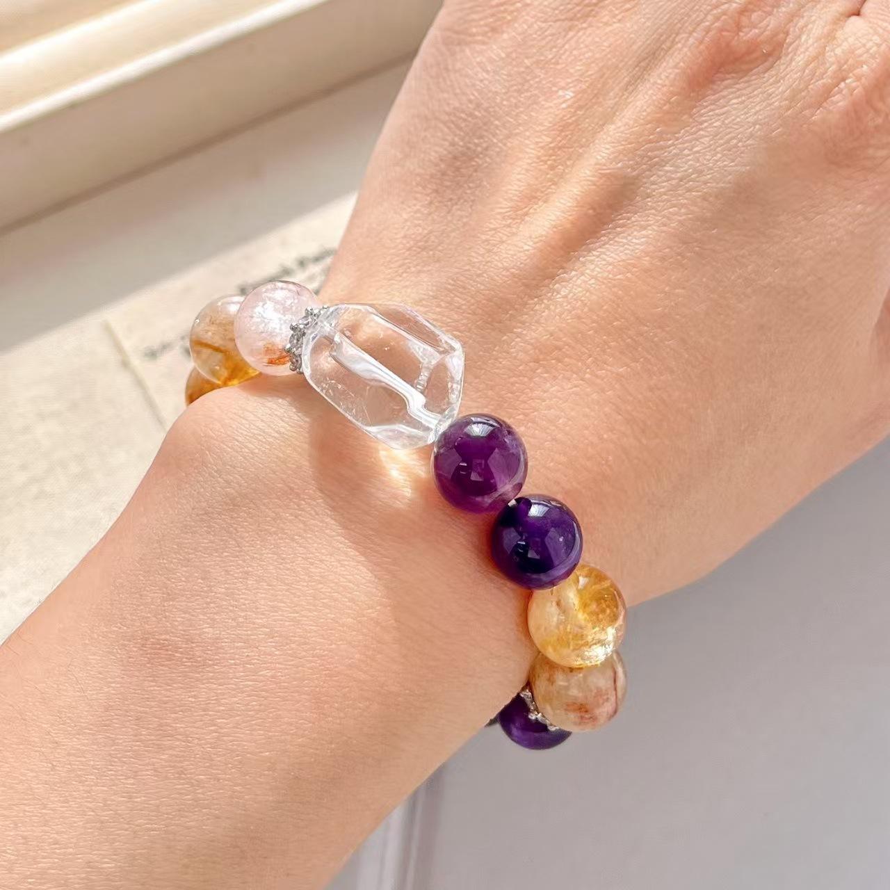 10Mm Vintage Natural Honey Milk Cover Citrine Amethyst White Crystal Bracelet Basic Commuter Hand