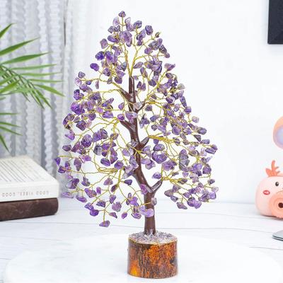 Crystals Gemstones Bonsai Money Tree for Good Luck, Decoration Gift Item - 10-12 Inch (Amethyst Golden Wire)