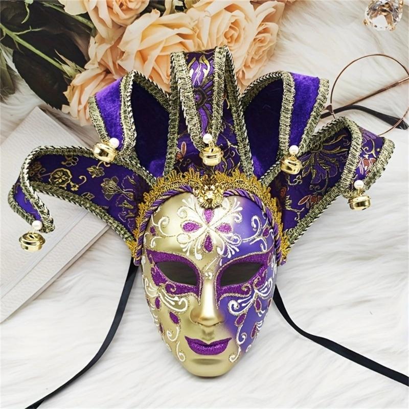 Masked Ball Mask With Bells Vintage Jester Mask Comedy Mask for Men Women Masked Ball Proms Halloween Cosplay Parties