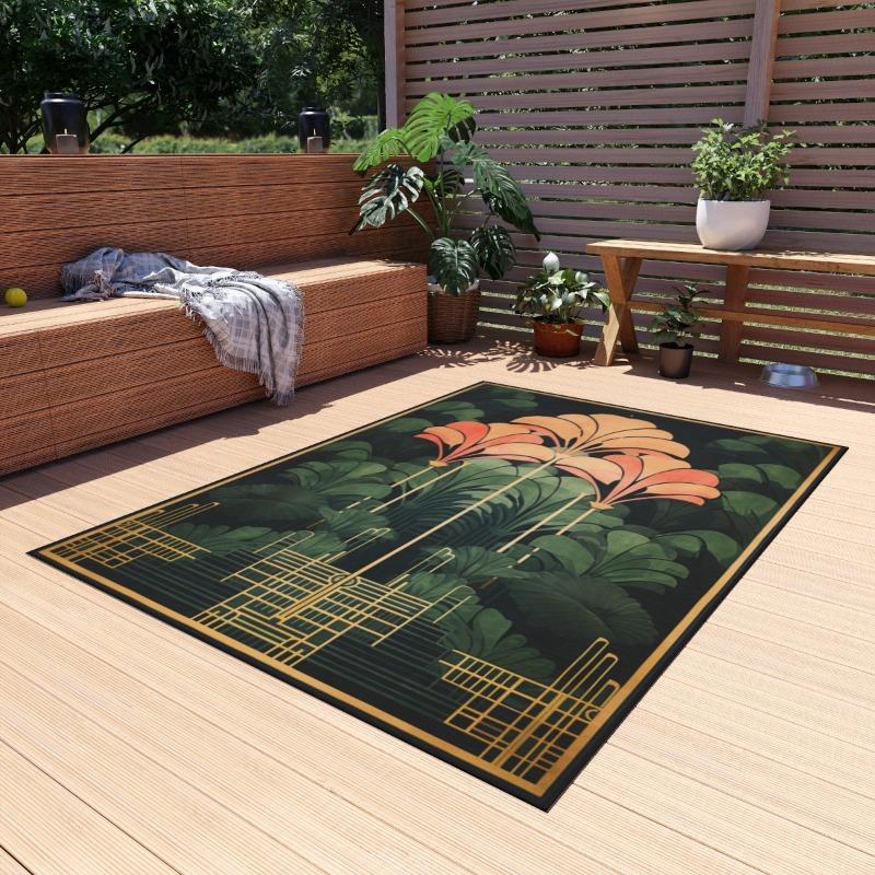 Art Deco Koberec pro Venkovní Použití Květinový Vzor Koberec pro Milovníky Přírody Bujný Zelený Zahradní Oáza Podlahová Dekorace Balkon Protiskluzový Koberec