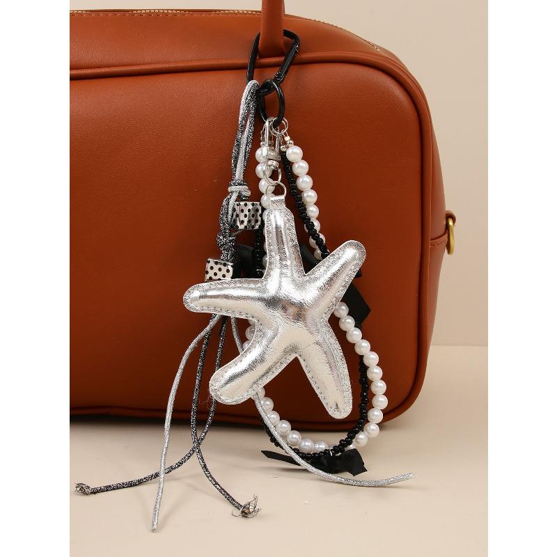 Korean Sweet Delicate Sequin Leather Silver Starfish Pendant Keychain Pearl Chain Bag Pendant
