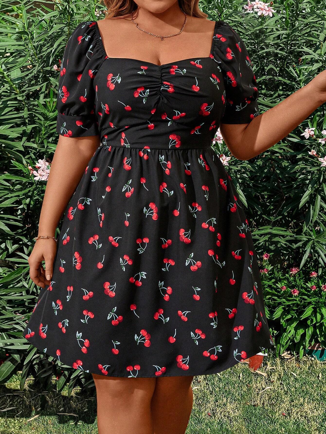 

2025 Summer SHINE TK Plus Size Heart Neck Fruit Print Short Sleeve Dress 3XL чорний/Вишня