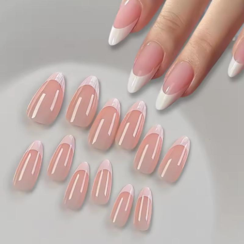 Almond Shape French Fake Nails Light Pink Full Cover Press On Nails White Edge Design Simple False Fingertips