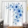 1Pc Floral Cascade Shower Curtain - Blue & White Botanical Design, 70X70", Polyester, 12 Hooks, Elegant Bathroom Decor