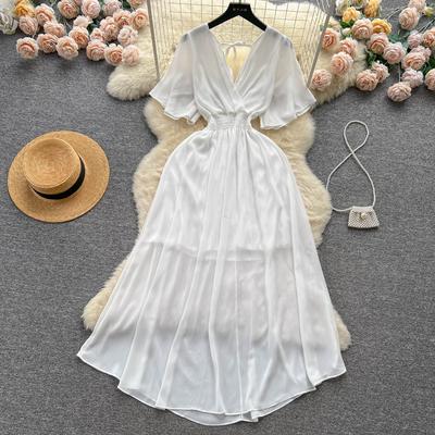 Chiffon Solides Maxikleid Rückenfrei Bandage Urlaubs-Outfits Sommer Strandkleider Elegante Zweilagige Party Vestidos