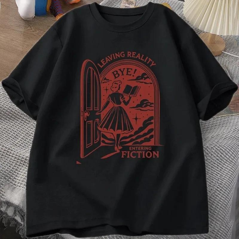 

Leaving Reality Entering Fiction T Shirt Women Vintage Funny Bookish Book Lover Tshirt Women Reading Tshirt Streetwear S