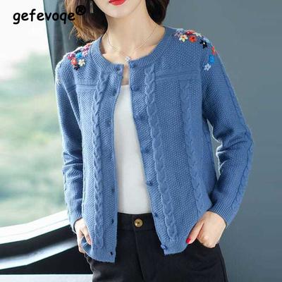 Women Korean Fashion Retro Twist Embroidery Single Breasted Knitted Cardigan Autumn Winter Casual Long Sleeve Loose Sweater Coat