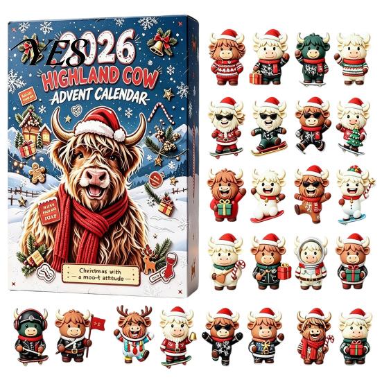 Creative Holiday Gifts 24 Days 3D Highland Cow Advent Calendar 2026, Christmas Countdown Cute Desk Figurines with Farm Cattle Mini for Ornaments