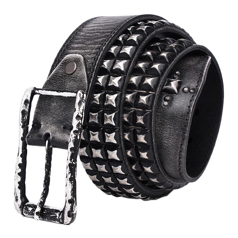 

3.8CM Heavy Metal Rivet Men Real Genuine Leather Belt Men Smooth Buckle Stud Punk Jeans Belts for Jeans Strap Rock Cowboy 125cm