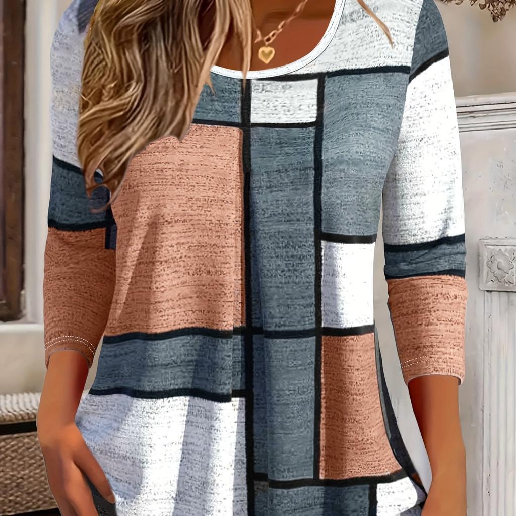 Plus Size Long Sleeve Grid Print T-Shirt, Versatile Crew Neck Top for Spring & Fall, Women's Clothing