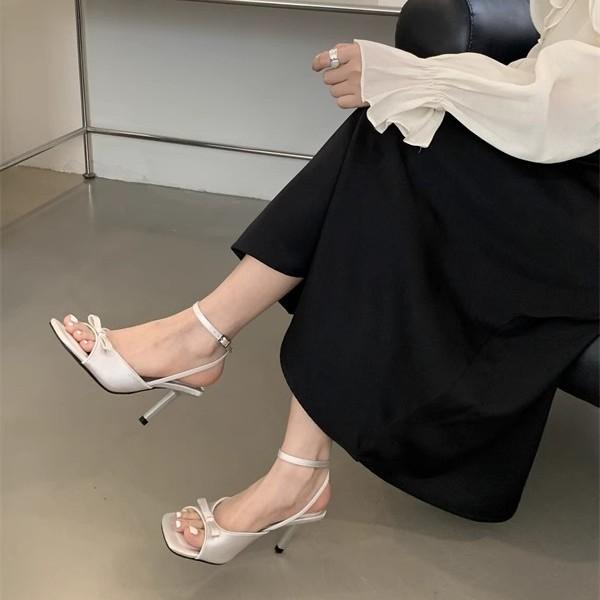 High heels satin open-toed bow with empty sandals women's summer stiletto with skirt cool slippers