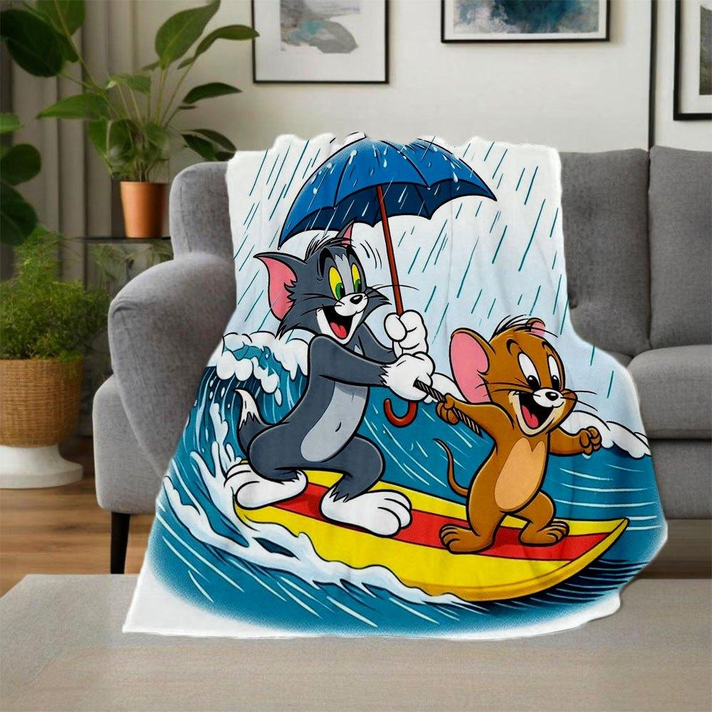 Tom Jerry Surfing in the Rain Poster PrintBlanket Flannel Throw Blanket for Sofa, Bed, Travel, Camping, Office