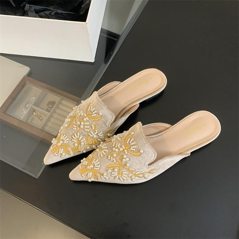 Fashion SUOJIALUN 2024 Autumn New Brand Women Slipper Fashion Pointed Toe Slip On Mules Shoes Soft Flat Heel Outdoor Dress Slides Shoes