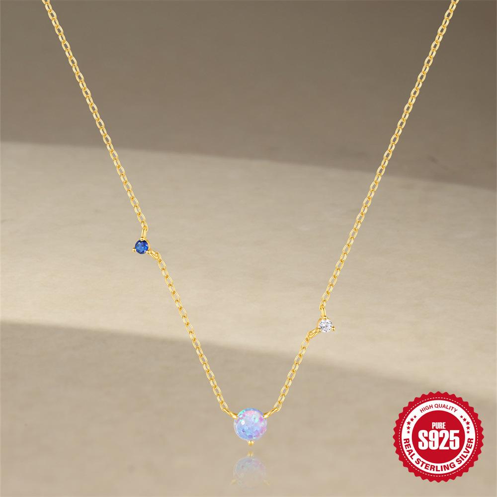 Fashion S925 Sterling Silver Simple And Versatile High-End Blue Opal Diamond-Encrusted Fashion Gift Necklace Collarbone Chain