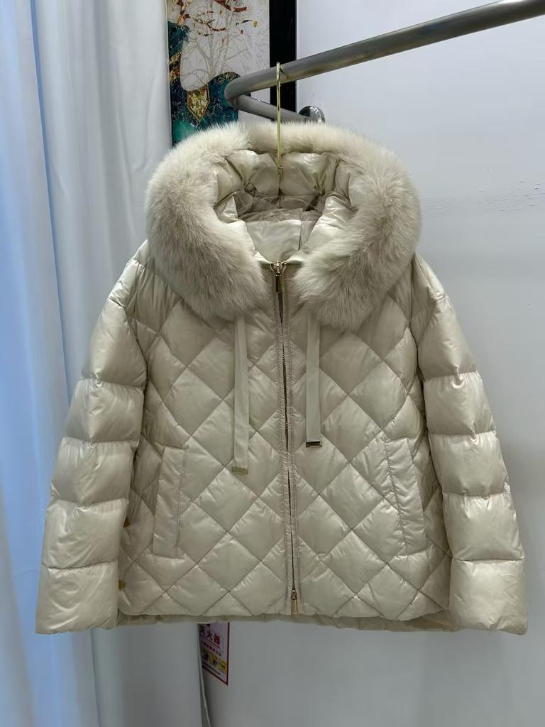 New diamond short fur collar hooded down jacket women's clothing winter thin European high-end warm jacket