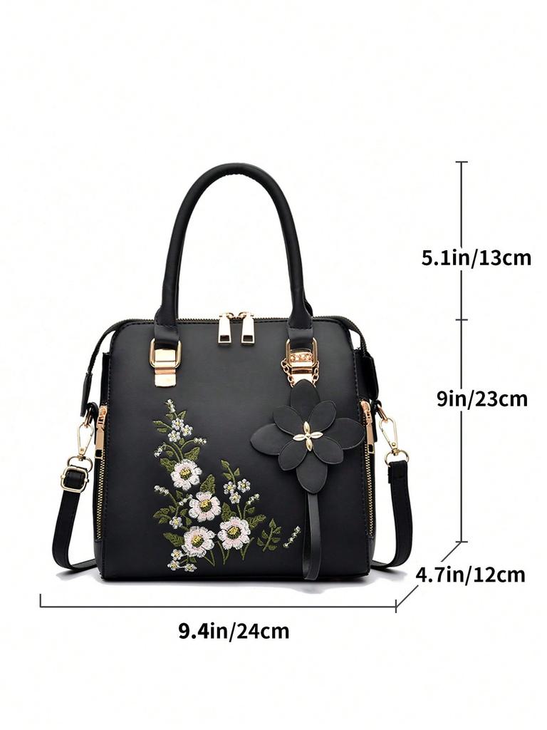 Floral detail shoulder bag, fashionable zipper work large capacity handbag, casual crossbody bag